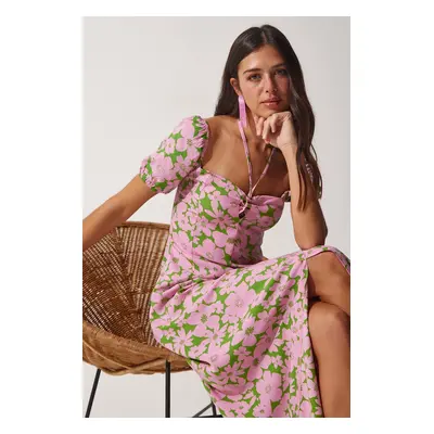 Happiness İstanbul Women's Pink Green Floral Slit Summer Viscose Dress