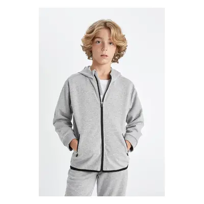 DEFACTO Boy Gray Hooded Zippered School Sweatshirt