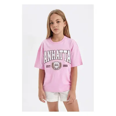 DEFACTO Girls Oversize Fit Crew Neck Printed Short Sleeve School T-Shirt