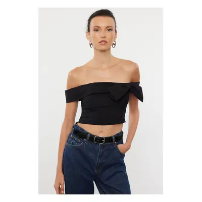 Trendyol Black Bow Detailed Carmen Collar Crop Woven Blouse