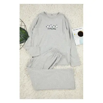 Trendyol Gray Melange Cotton Lamb Embroidered Knitted Pajama Set