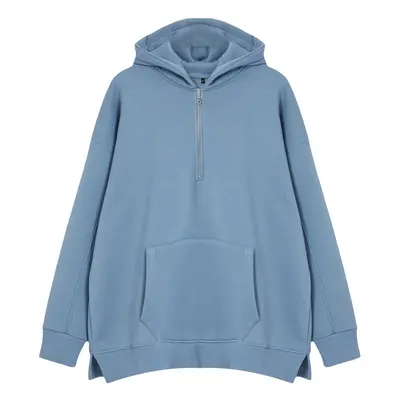 Trendyol Blue Oversize/Wide Cut Hooded Basic Plus Size Sweatshirt