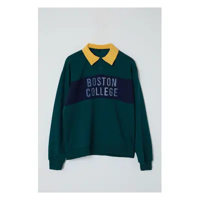 Trendyol Emerald Green Oversize/Wide Cut Polo Collar Puffy Printed Cotton Sweatshirt