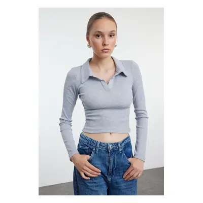 Trendyol Gray Melange Fitted Polo Neck Ribbed Stretchy Knitted Blouse