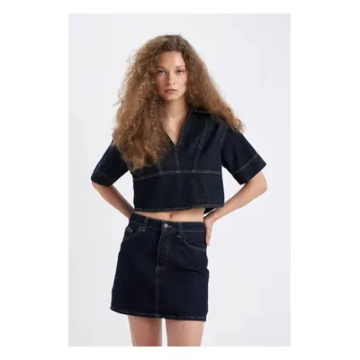 DEFACTO Fashion Fit Polo Collar Short Sleeve Jean Blouse