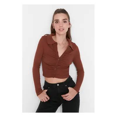 Trendyol Brown Fitted Crop Polo Neck Ribbed Cotton Stretch Knitted Blouse