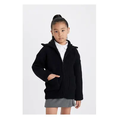 DEFACTO Girls Knitwear Basic Stand Collar Zippered Pocket Black School Cardigan