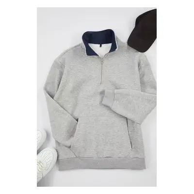 Trendyol Grey Melange Oversize/Wide Cut Stand Collar Sweatshirt