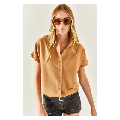 Olalook Women's Camel Bat Oversize Linen Shirt