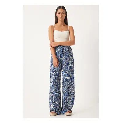 Happiness İstanbul Women's Indigo Blue Patterned Loose Viscose Palazzo Trousers