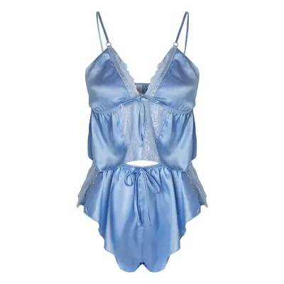 Trendyol Blue Satin Stone, Ribbon/Bow Detailed Uncovered Lingerie Set