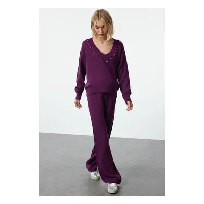 Trendyol Purple Wide Pattern Stone Detailed Knitwear Bottom-Top Set