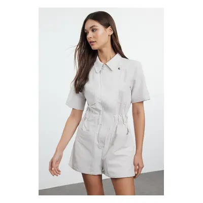 Trendyol Stone Shirt Collar Waist Gabar Detailed Gabardine Mini Jumpsuit