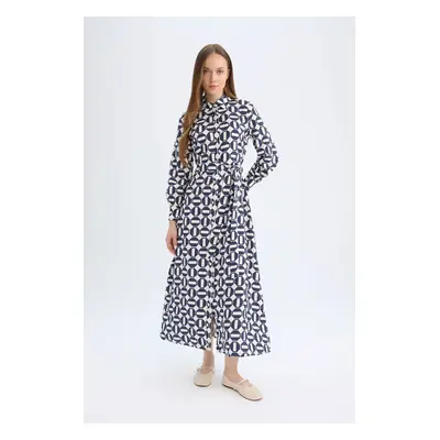 DEFACTO Shirt Collar Patterned Button Closure Belted Long Sleeve Maxi Dress