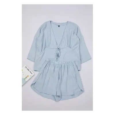 Trendyol Blue Tie/Ribbon Bow/Detailed Viscose Woven Pajama Set