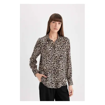 DEFACTO Regular Fit Leopard Patterned Shirt Collar Long Sleeve Shirt