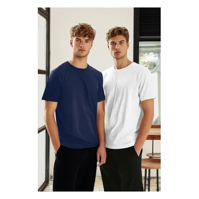 Trendyol Navy Blue-White Basic Slim Fit/Slim Cut 100% Cotton 2-Pack Short Sleeve T-Shirt