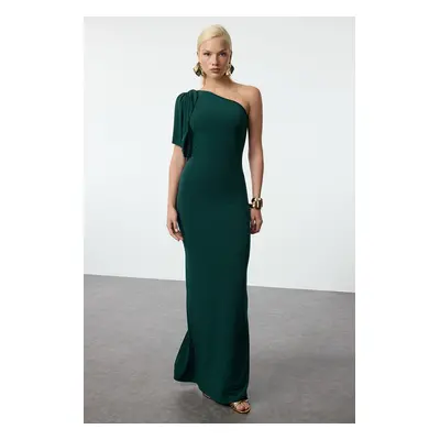 Trendyol Emerald Green Bodycon One Shoulder Knitted Long Evening Dress