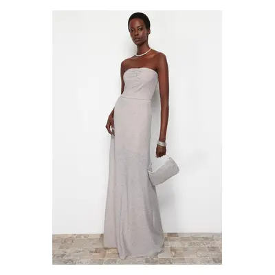 Trendyol Silver Fitted Shiny Knitted Long Evening Dress