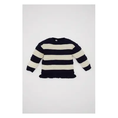 DEFACTO Baby Girl Navy Blue Striped Buttoned Crew Neck Sweater