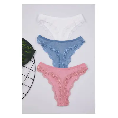 Trendyol Pink-Multicolored 3-Pack 100% Cotton Thong Knitted Panties