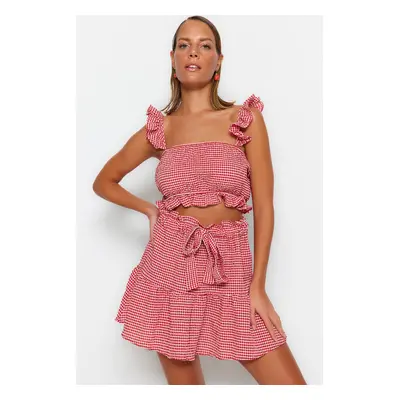 Trendyol Gingham Patterned Woven Ruffle Blouse and Skirt Set