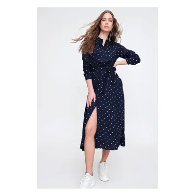 Trend Alaçatı Stili Women's Ocean Blue Polka Dot Patterned Woven Viscose Shirt Dress