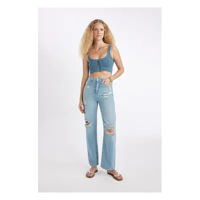 DEFACTO 90's Wide Leg High Waist Wide Leg Ripped Detailed Long Jean Trousers