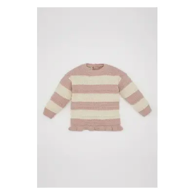 DEFACTO Baby Girl Dusty Rose Striped Button-Down Crew Neck Sweater