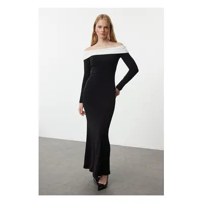 Trendyol Black Color Block Fitted Carmen Neck Stretchy Maxi Knitted Dress