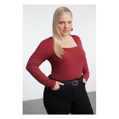 Trendyol Curve Claret Red Premium Square Neck Knitted Plus Size Bodysuit