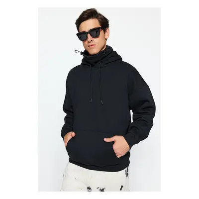 Trendyol Black Oversize/Wide Cut Hooded Collar Detail Plain Sweatshirt