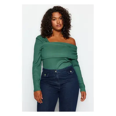 Trendyol Curve Emerald Green Asymmetrical Collar Plain Basic Wrap Knitted Blouse