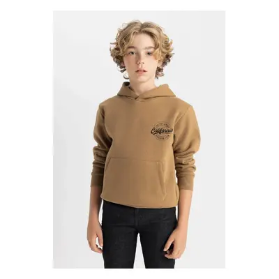 DEFACTO Boys Brown Pocket Text Printed Hooded Thick School Sweatshirt