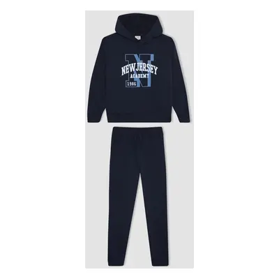 DEFACTO Boy's Printed Hooded Sweatshirt Sweatpants 2-Piece Set