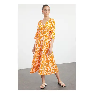 Trendyol Orange Abstract Patterned A-Line Double Breasted Midi Woven Dress