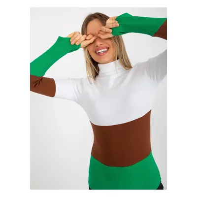 Ecru-green fitted basic ribbed turtleneck blouse