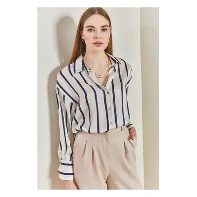 Bianco Lucci Women's Cuff Sleeve Striped Satin Shirt