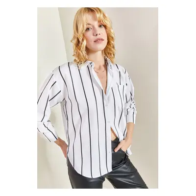 Bianco Lucci Women's Single Pocket Striped Oversize Shirt