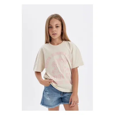 DEFACTO Girl Relax Fit Crew Neck Printed Short Sleeve T-Shirt