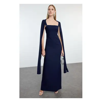 Trendyol Navy Blue Stone Accessory Sleeve Detailed Woven Long Elegant Evening & Graduation Dress