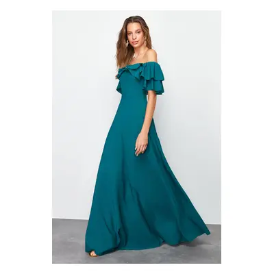 Trendyol Emerald Green A-Cut Flounce Woven Long Evening Dress