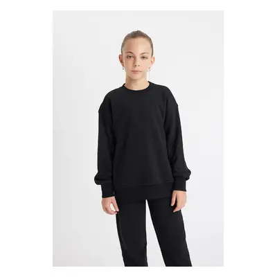 DEFACTO Girl Relax Fit Crew Neck Black Basic School Sweatshirt