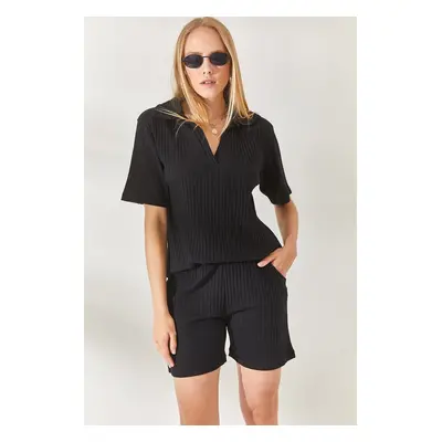 Olalook Black Polo Neck Top Pocket Shorts Ribbed Suit