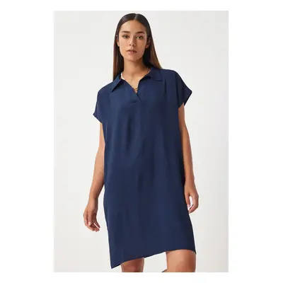 Happiness İstanbul Women's Dark Navy Blue Polo Neck Summer Loose Linen Ayrobin Dress