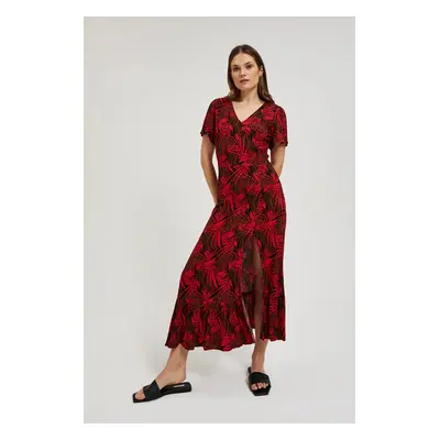 Women's dress with V-neck and tropical print MOODO - red