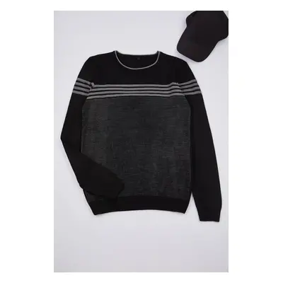 Trendyol Black Slim Crew Neck Striped Knitwear Sweater