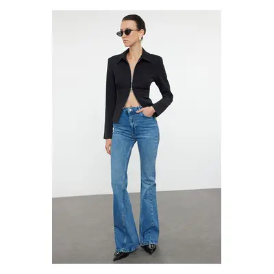 : Trendyol Blue Stitching Detailed Normal Waist Flare Jeans