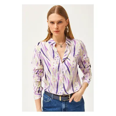 Olalook Women's Purple Lilac Leaf Patterned Woven Viscose Shirt