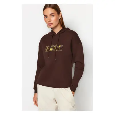 Trendyol Brown Printed Hoodie and Knitted Sweatshirt with Fleece Inside